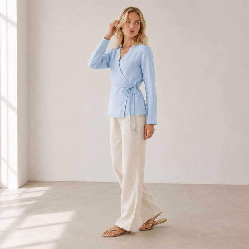 Light Blue Linen Wrap Top