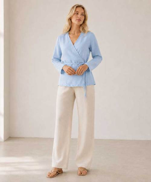 Light Blue Linen Wrap Top