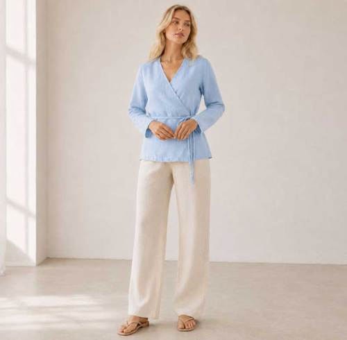 Light Blue Linen Wrap Top