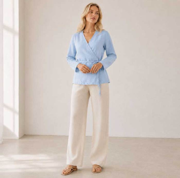 Light Blue Linen Wrap Top