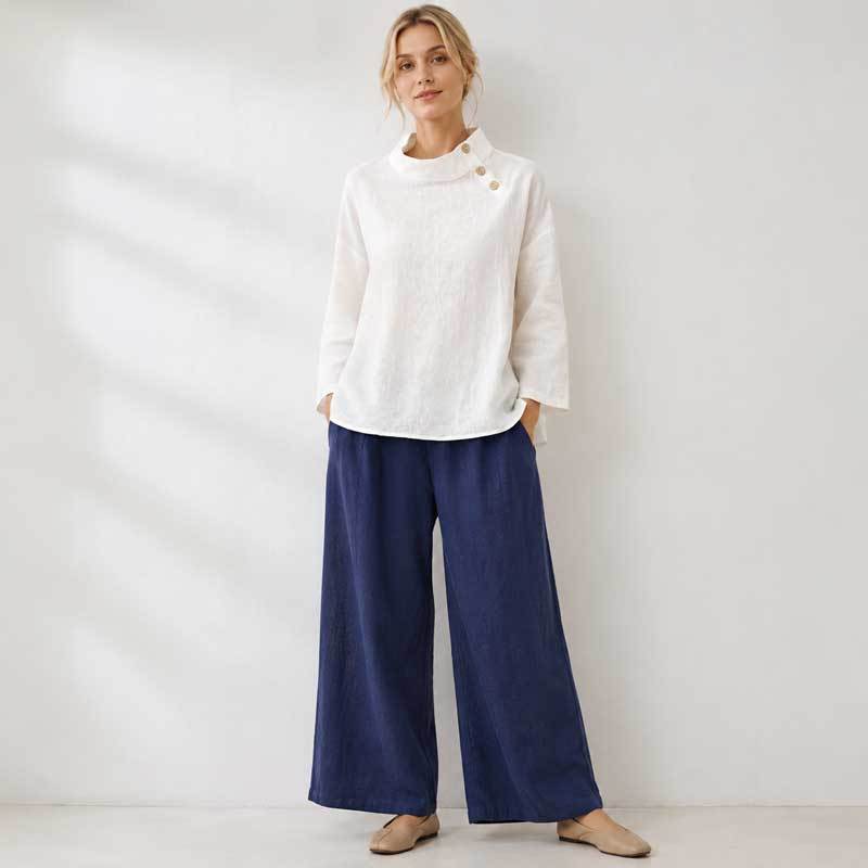 White Linen Button-Shoulder Three-Quarter Sleeve Top