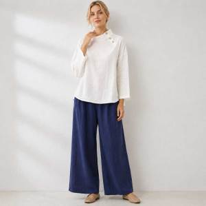 White Linen Button-Shoulder Three-Quarter Sleeve Top