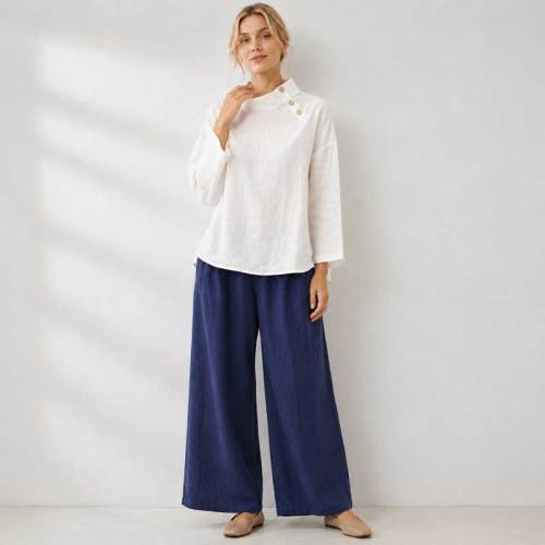 White Linen Button-Shoulder Three-Quarter Sleeve Top