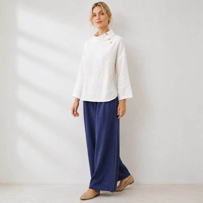 White Linen Button-Shoulder Three-Quarter Sleeve Top