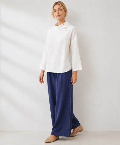 White Linen Button-Shoulder Three-Quarter Sleeve Top