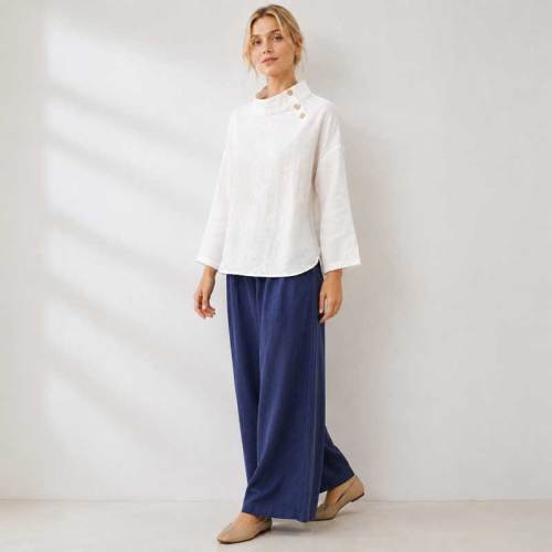 White Linen Button-Shoulder Three-Quarter Sleeve Top