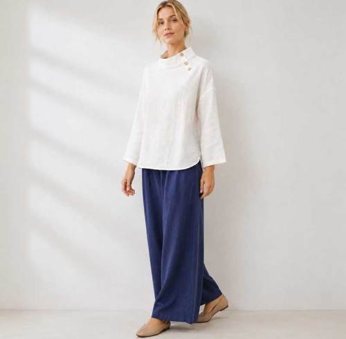 White Linen Button-Shoulder Three-Quarter Sleeve Top