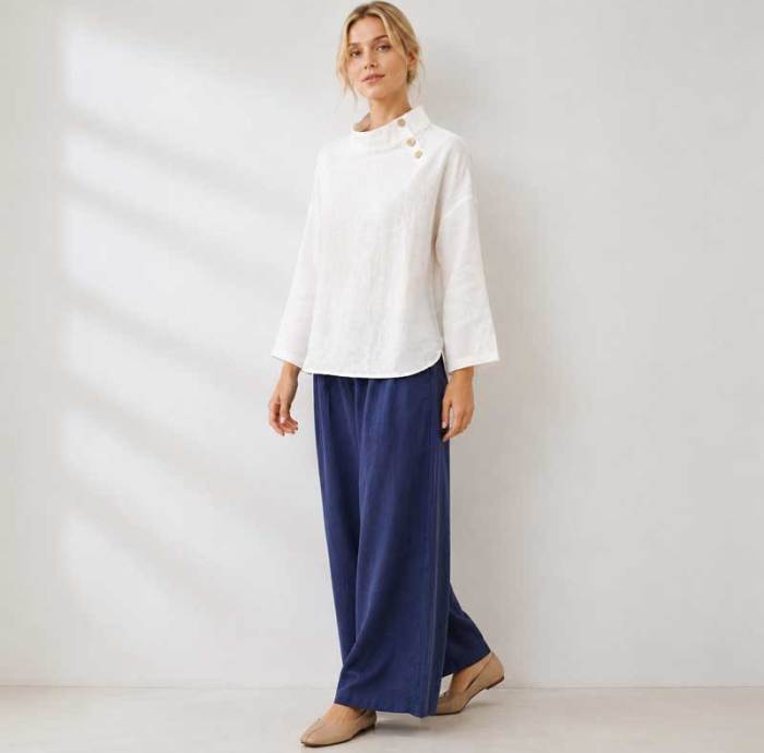 White Linen Button-Shoulder Three-Quarter Sleeve Top