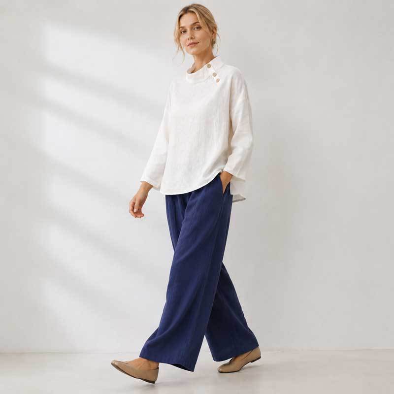 White Linen Button-Shoulder Three-Quarter Sleeve Top