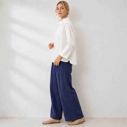White Linen Button-Shoulder Three-Quarter Sleeve Top