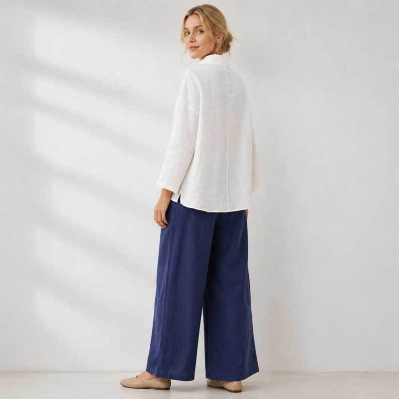 White Linen Button-Shoulder Three-Quarter Sleeve Top