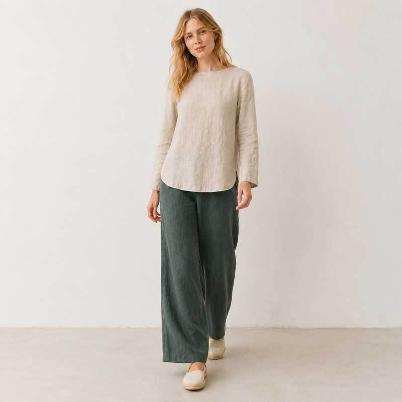 Ivory Linen Boat Neck Long Sleeve Top