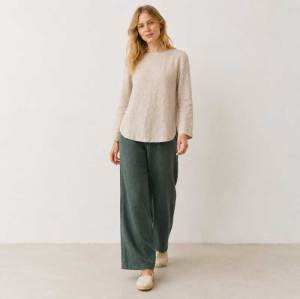 Ivory Linen Boat Neck Long Sleeve Top