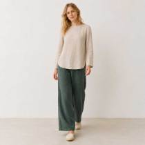 Ivory Linen Boat Neck Long Sleeve Top