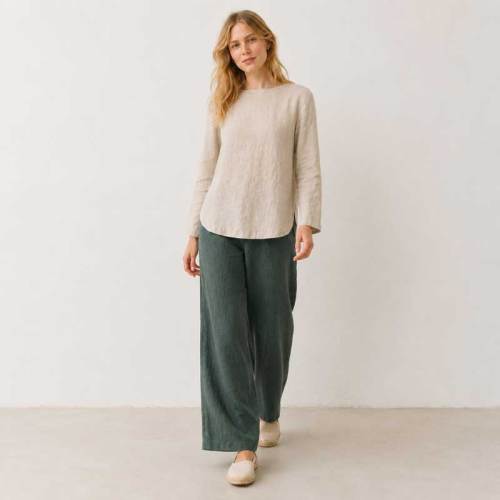 Ivory Linen Boat Neck Long Sleeve Top