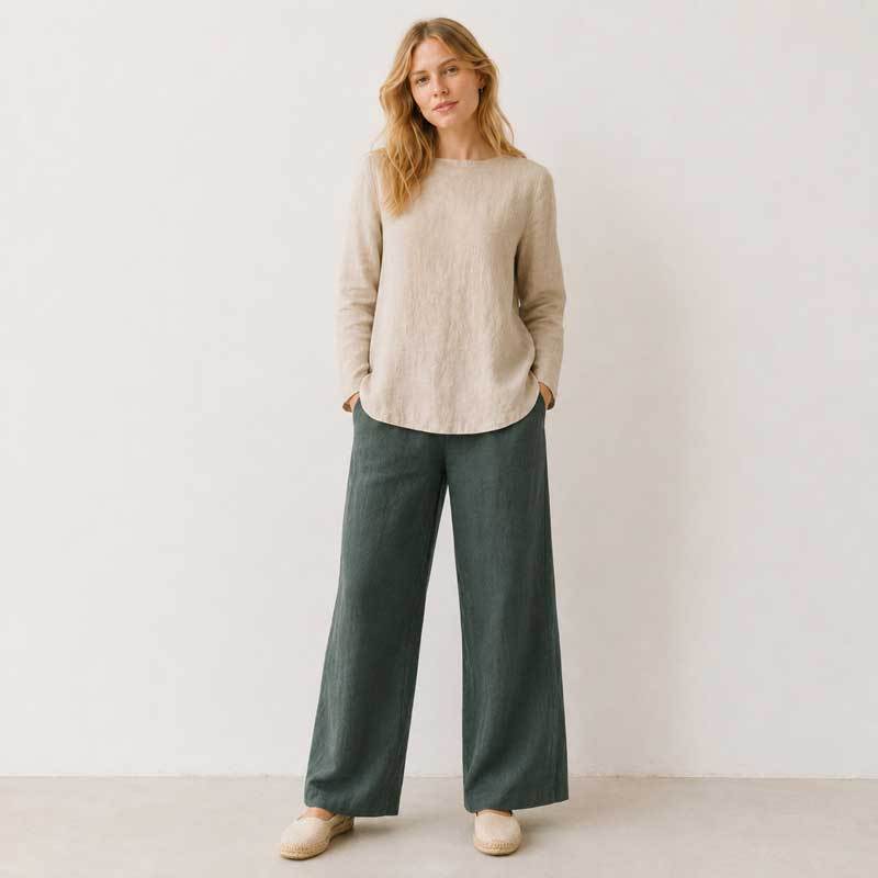 Ivory Linen Boat Neck Long Sleeve Top
