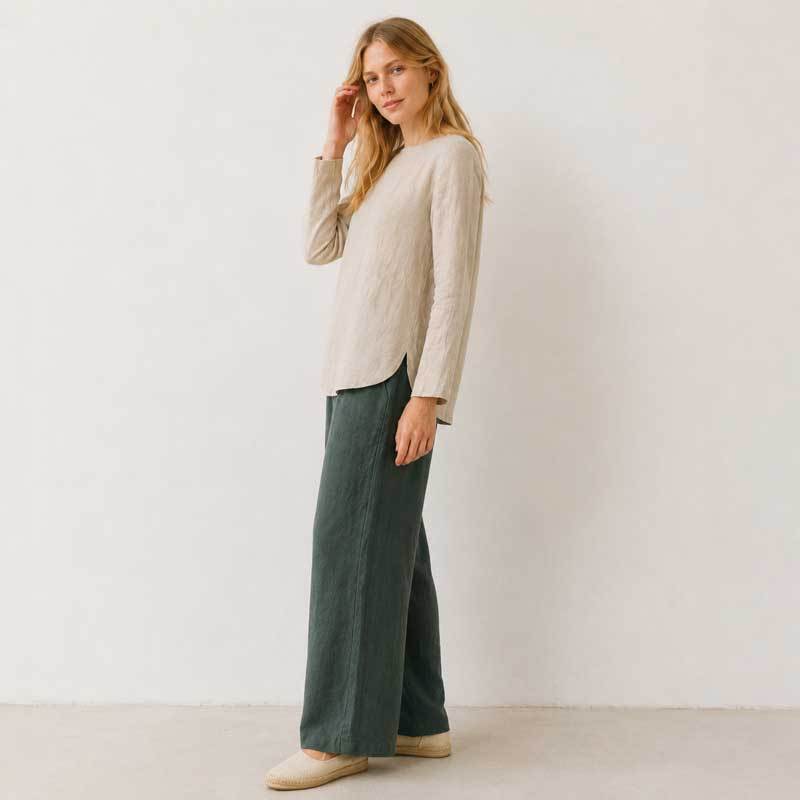 Ivory Linen Boat Neck Long Sleeve Top
