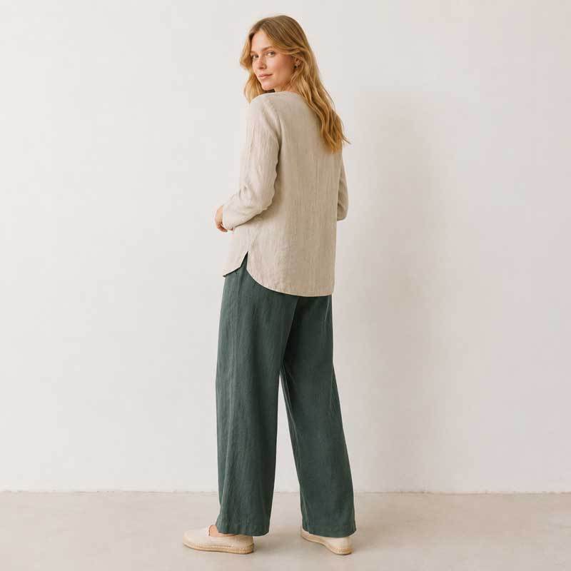 Ivory Linen Boat Neck Long Sleeve Top