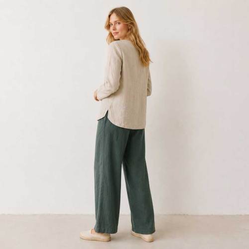 Ivory Linen Boat Neck Long Sleeve Top
