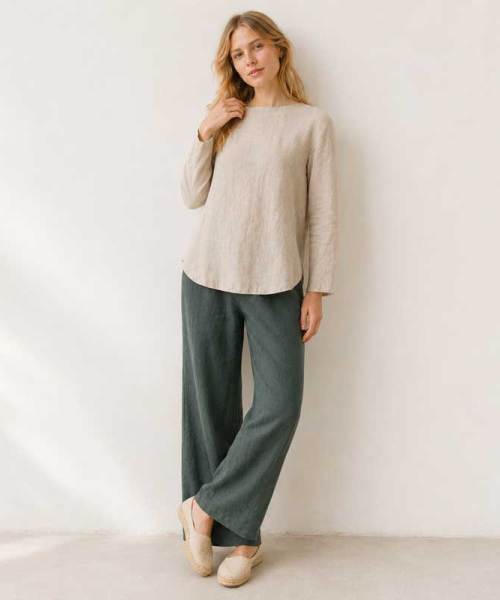 Ivory Linen Boat Neck Long Sleeve Top