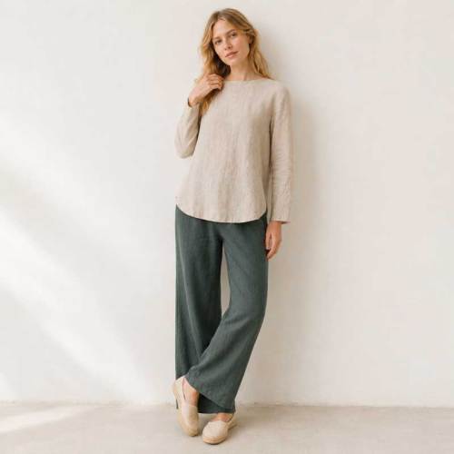 Ivory Linen Boat Neck Long Sleeve Top