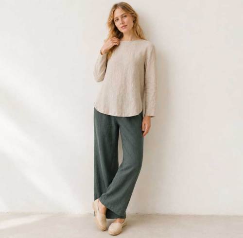 Ivory Linen Boat Neck Long Sleeve Top