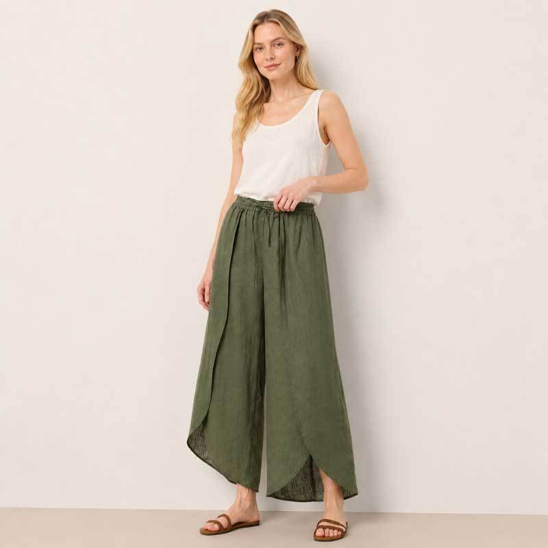 Olive Green Linen Wrap Wide-Leg Pants