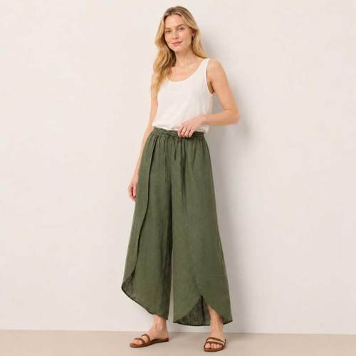 Olive Green Linen Wrap Wide-Leg Pants