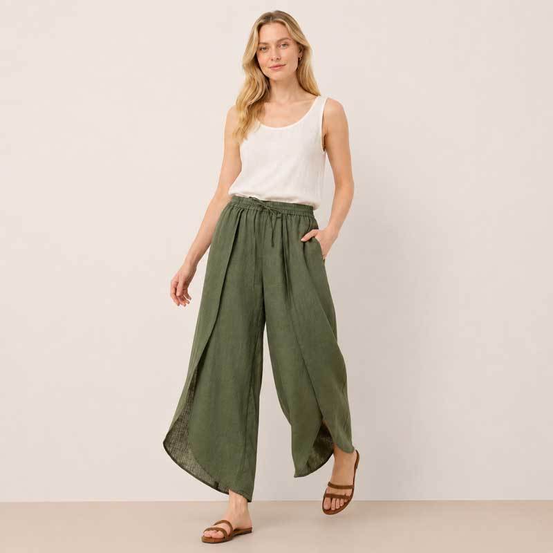 Olive Green Linen Wrap Wide-Leg Pants