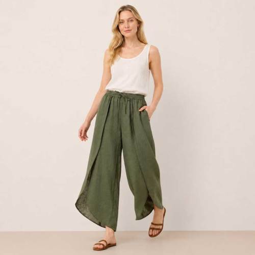 Olive Green Linen Wrap Wide-Leg Pants