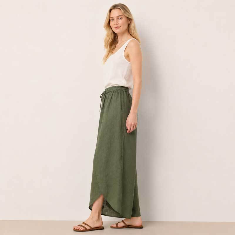 Olive Green Linen Wrap Wide-Leg Pants