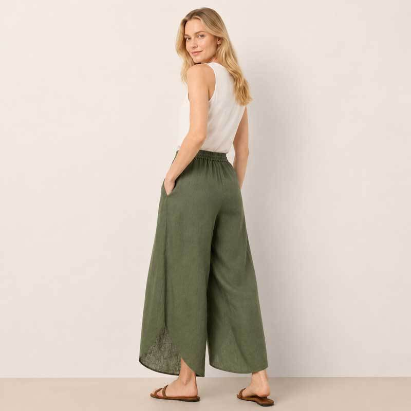 Olive Green Linen Wrap Wide-Leg Pants