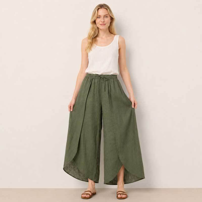 Olive Green Linen Wrap Wide-Leg Pants