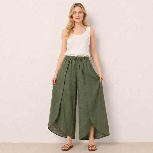 Olive Green Linen Wrap Wide-Leg Pants