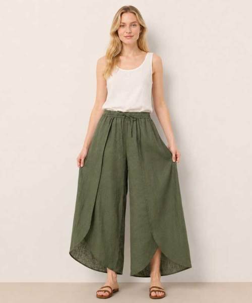 Olive Green Linen Wrap Wide-Leg Pants
