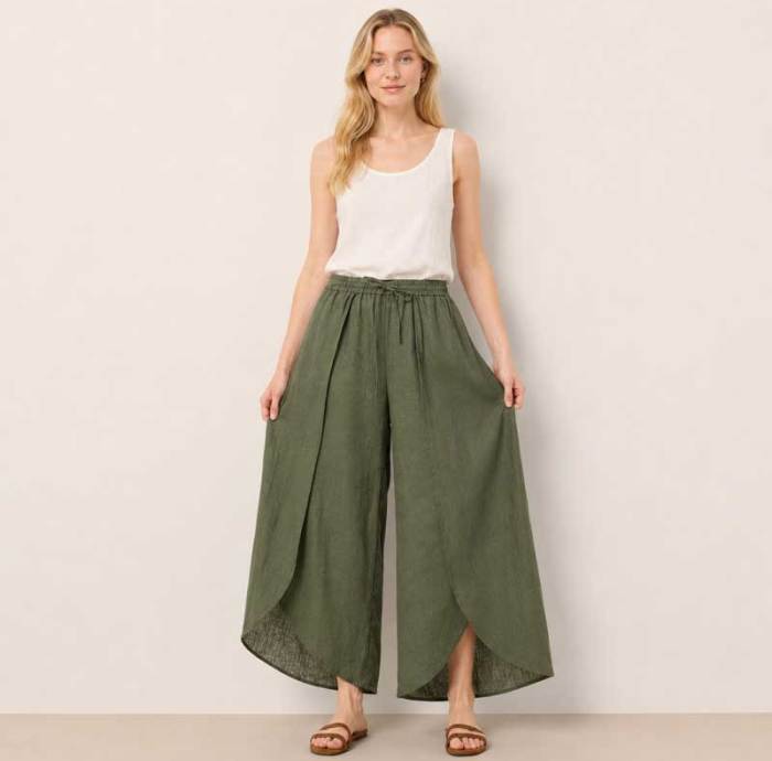 Olive Green Linen Wrap Wide-Leg Pants