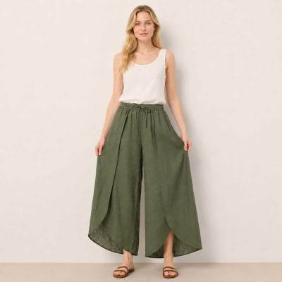 Olive Green Linen Wrap Wide-Leg Pants