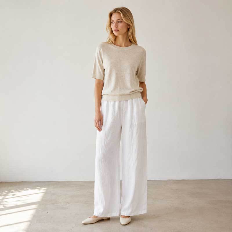 White Linen Wide-Leg Palazzo Pants