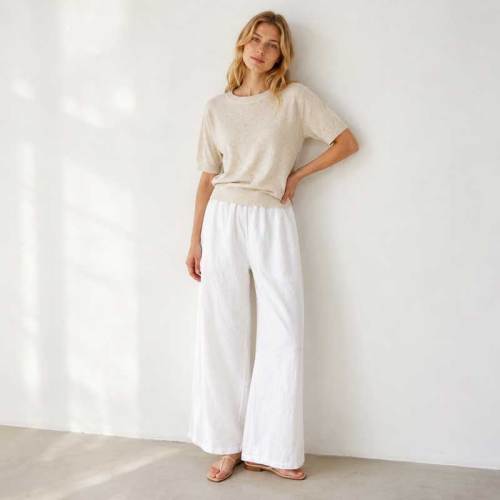 White Linen Wide-Leg Palazzo Pants