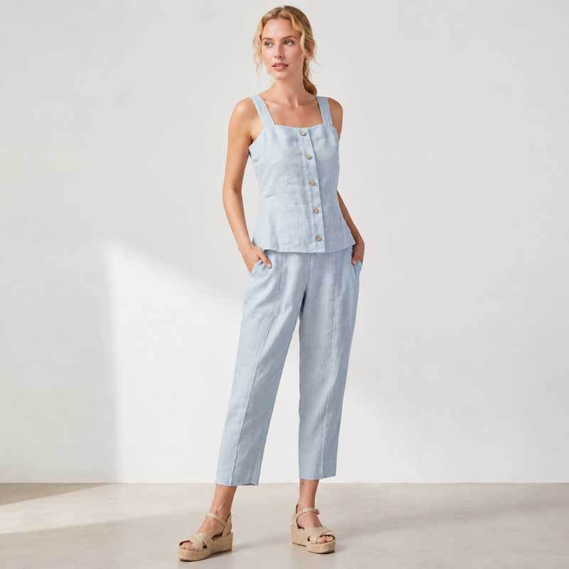 Light Blue Linen Sleeveless Top and Pants Set