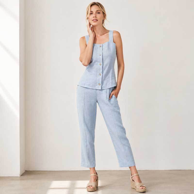 Light Blue Linen Sleeveless Top and Pants Set