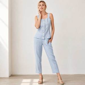 Light Blue Linen Sleeveless Top and Pants Set