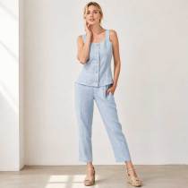 Light Blue Linen Sleeveless Top and Pants Set