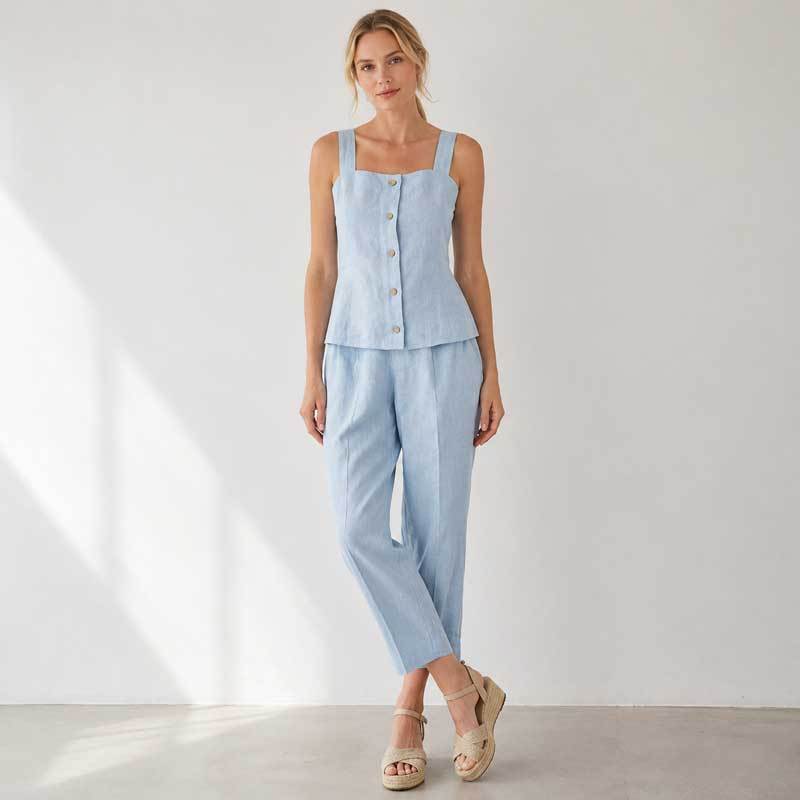 Light Blue Linen Sleeveless Top and Pants Set