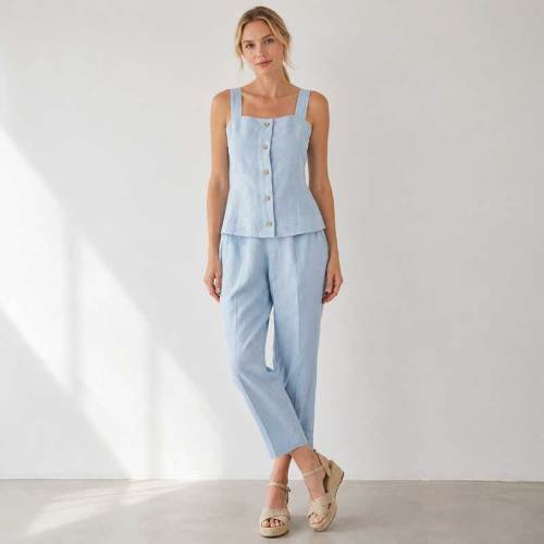 Light Blue Linen Sleeveless Top and Pants Set