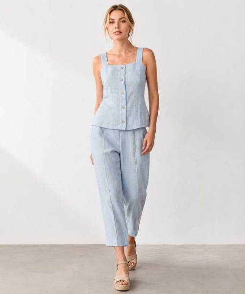 Light Blue Linen Sleeveless Top and Pants Set