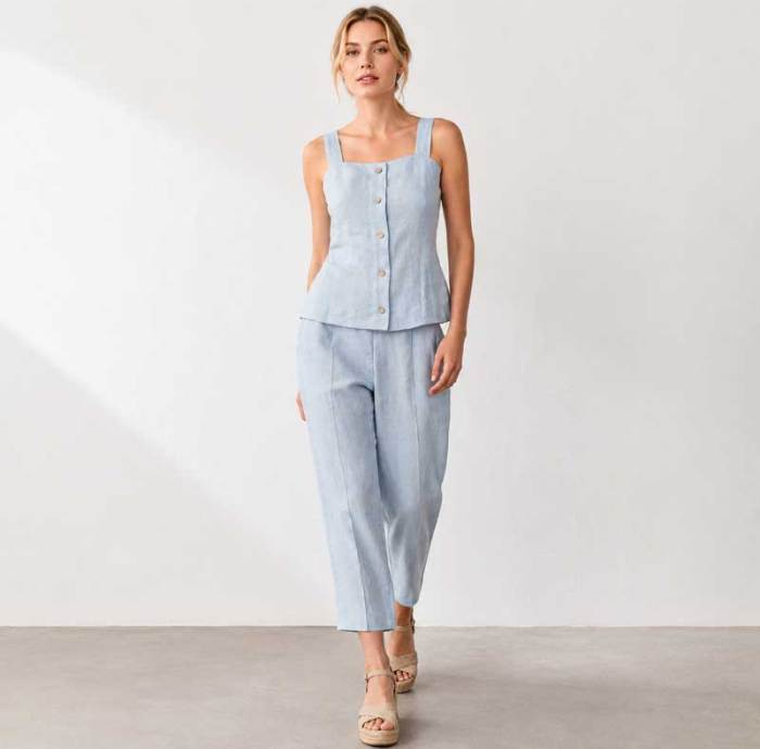Light Blue Linen Sleeveless Top and Pants Set