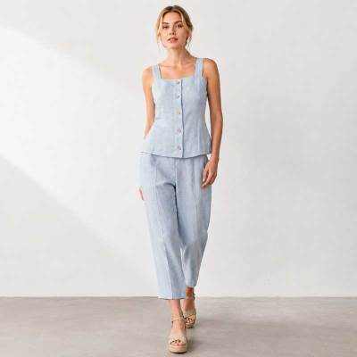 Light Blue Linen Sleeveless Top and Pants Set