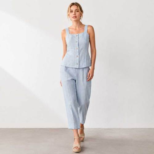 Light Blue Linen Sleeveless Top and Pants Set