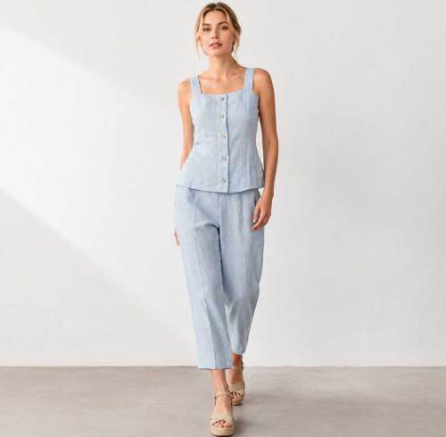 Light Blue Linen Sleeveless Top and Pants Set